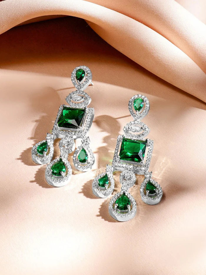 Rhodium-Plated Emerald Green & White Cubic Zirconia Studded Luxe Layer Necklace Set