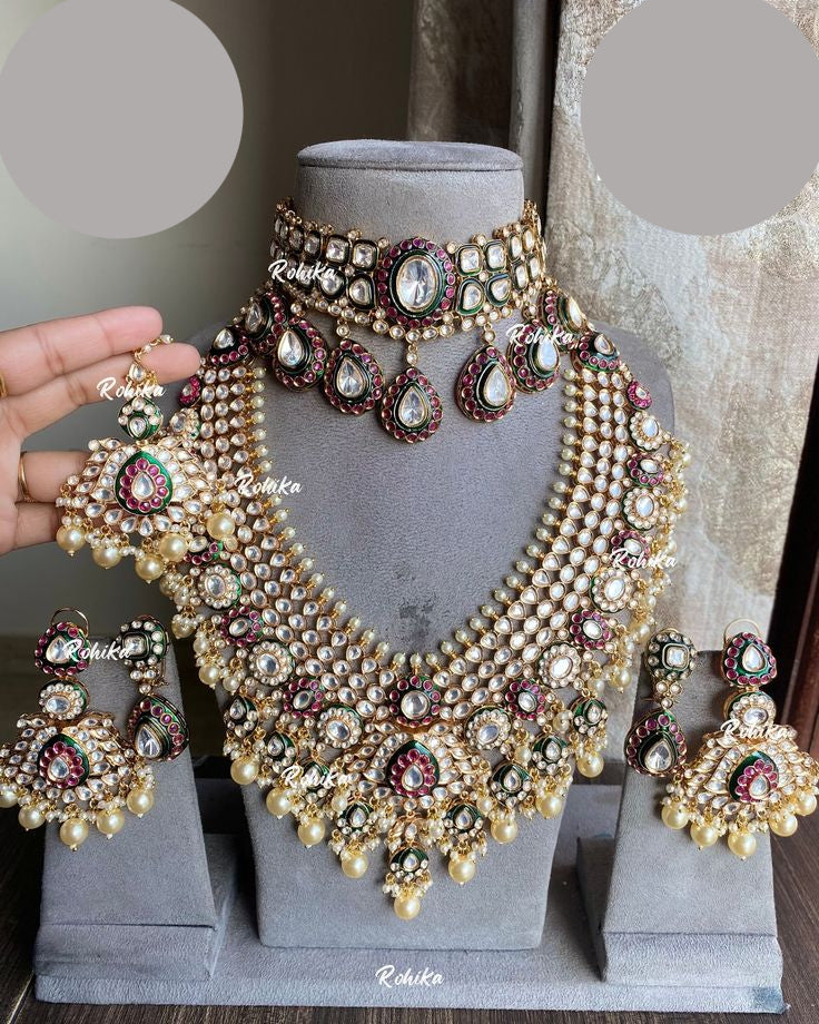 kundan bridal combo set - Dark Green and Ruby red