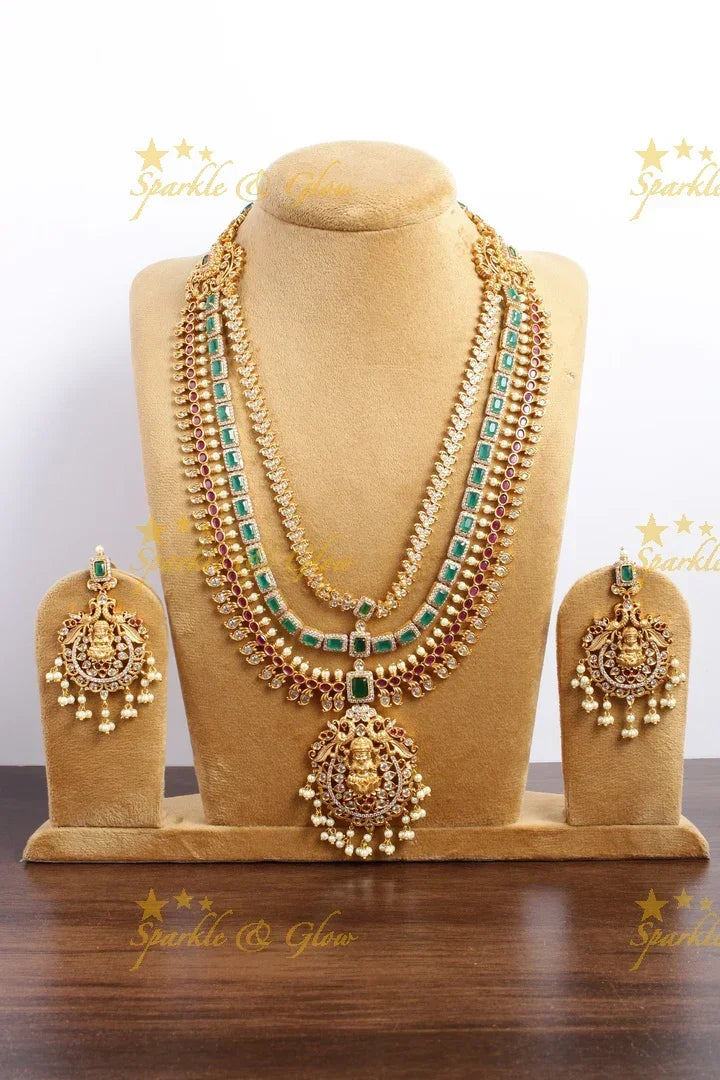 Layered Matte CZ Lakshmi Haram Necklace