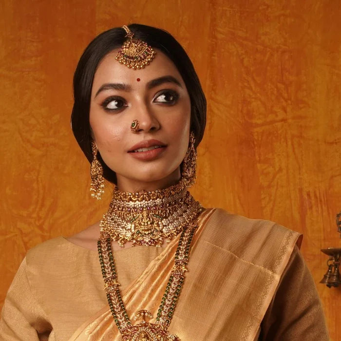 lakshmi and stonework Choker paired with jhumkas by Chandicharm