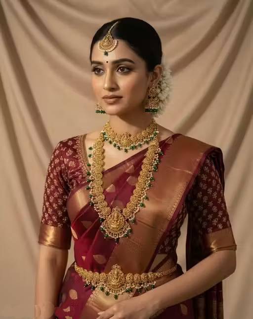 Bridal Wear South Indian Temple Jewelry Combo - 22K Gold-Plated Lakshmi Haram Set Gold-Plated Lakshmi Temple Jewellery Combo - Long Haram & Choker Set for Women