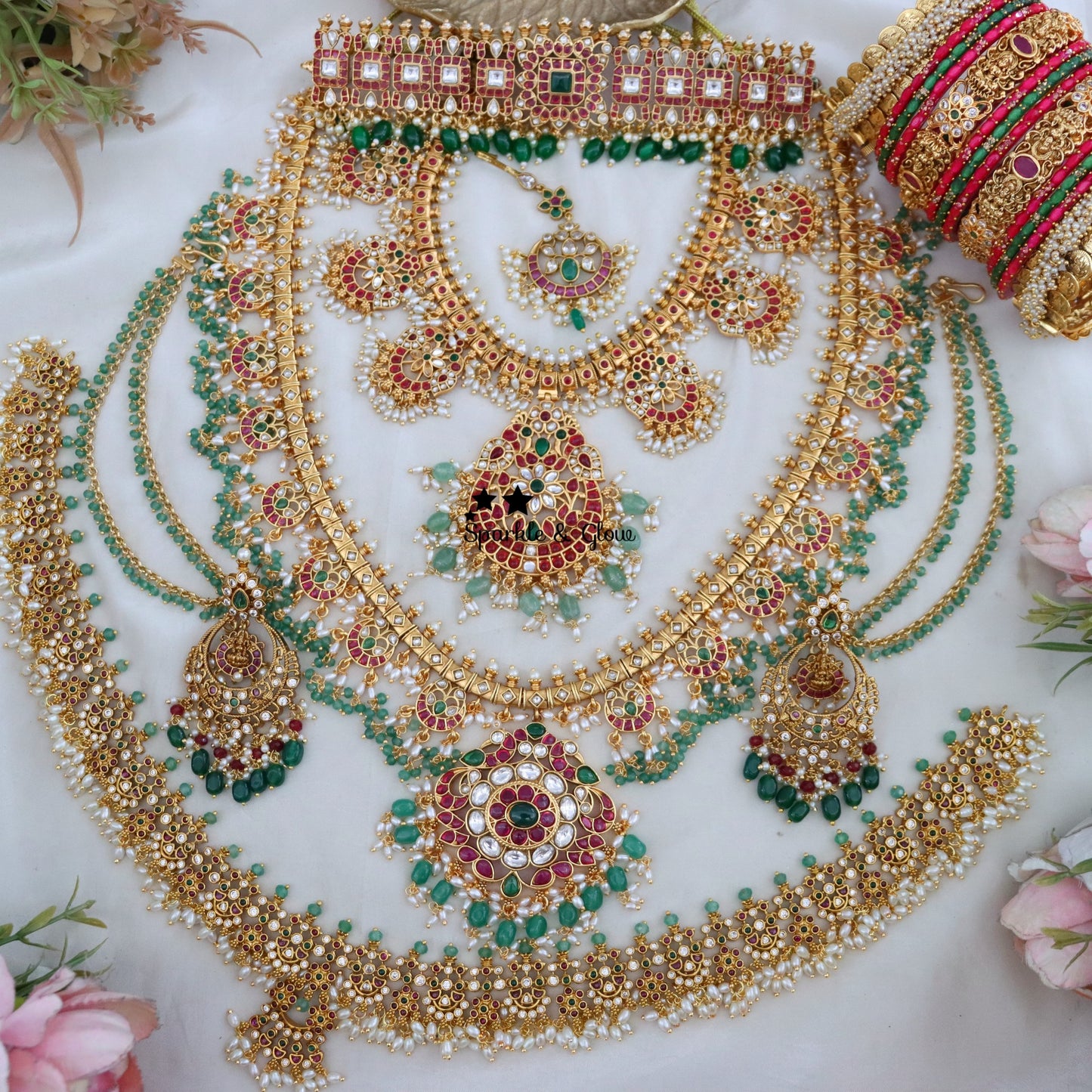 Green Intricately Carved Idol Design Bridal Full Set
