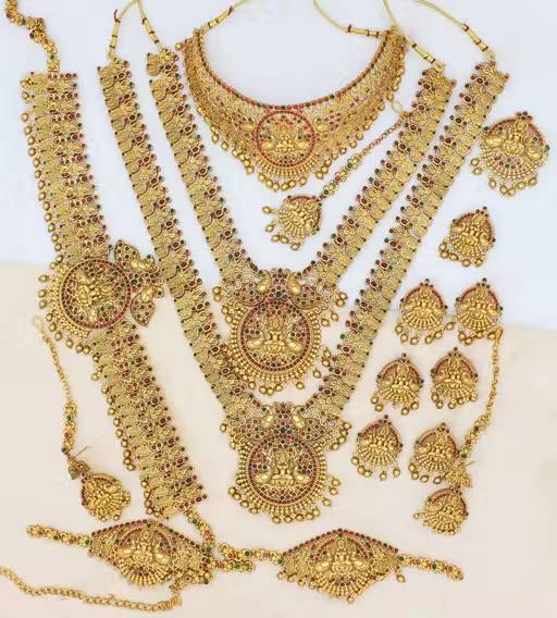 South Indian Bridal Double Necklace With Earring And Maangtikka And Kamarpattu And Jadai Billai And Baju Band Jewellery Set For Indian Bride | Women's South Indian Whole Jewellery Set For South Bride