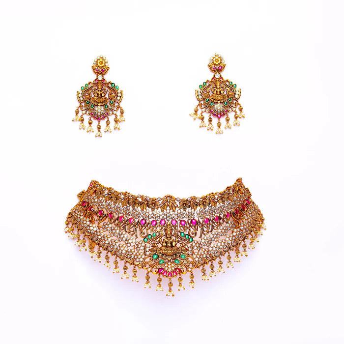 lakshmi and stonework Choker paired with jhumkas by Chandicharm