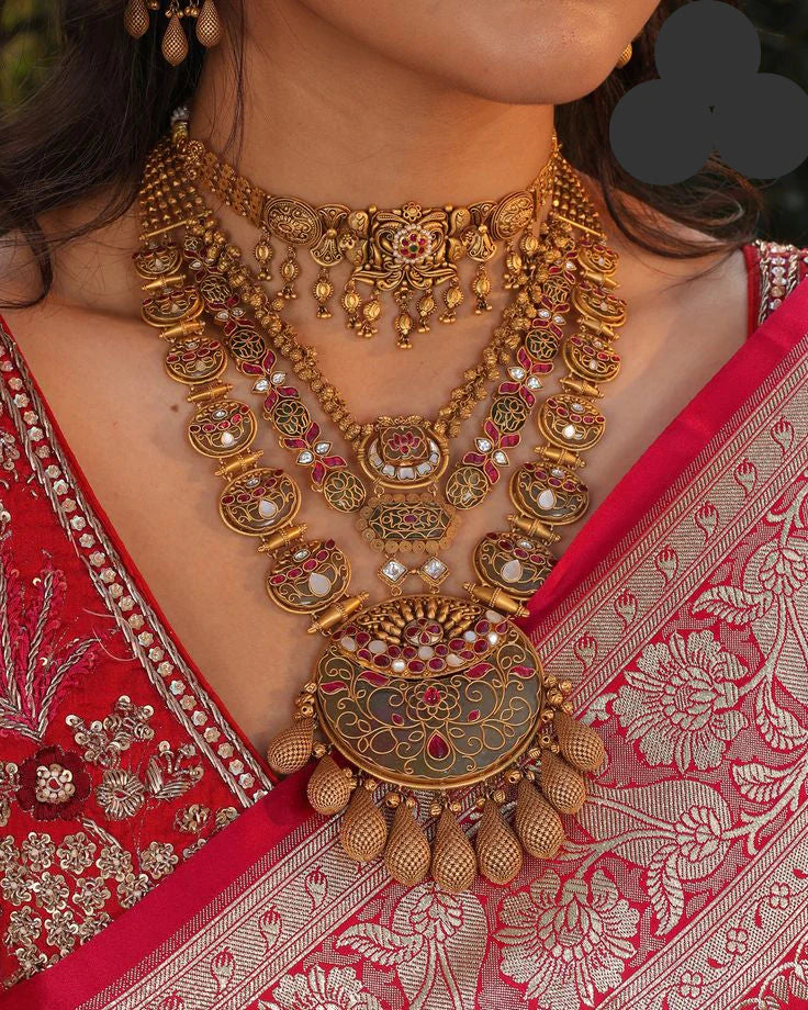 Stylish Ethnic Gold Tone Temple Jewellery Set For Girls And Women With Multi-Colored Stones