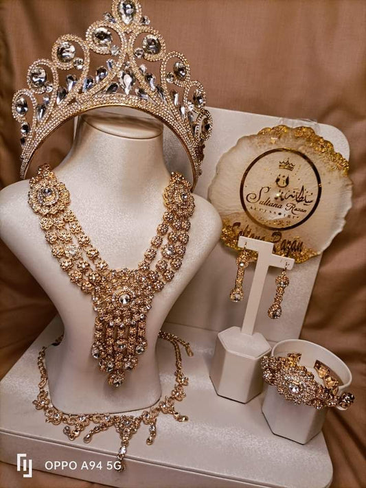 3 Set Luxury Rhinestone Bridal Crown Necklace Jewelry Sets