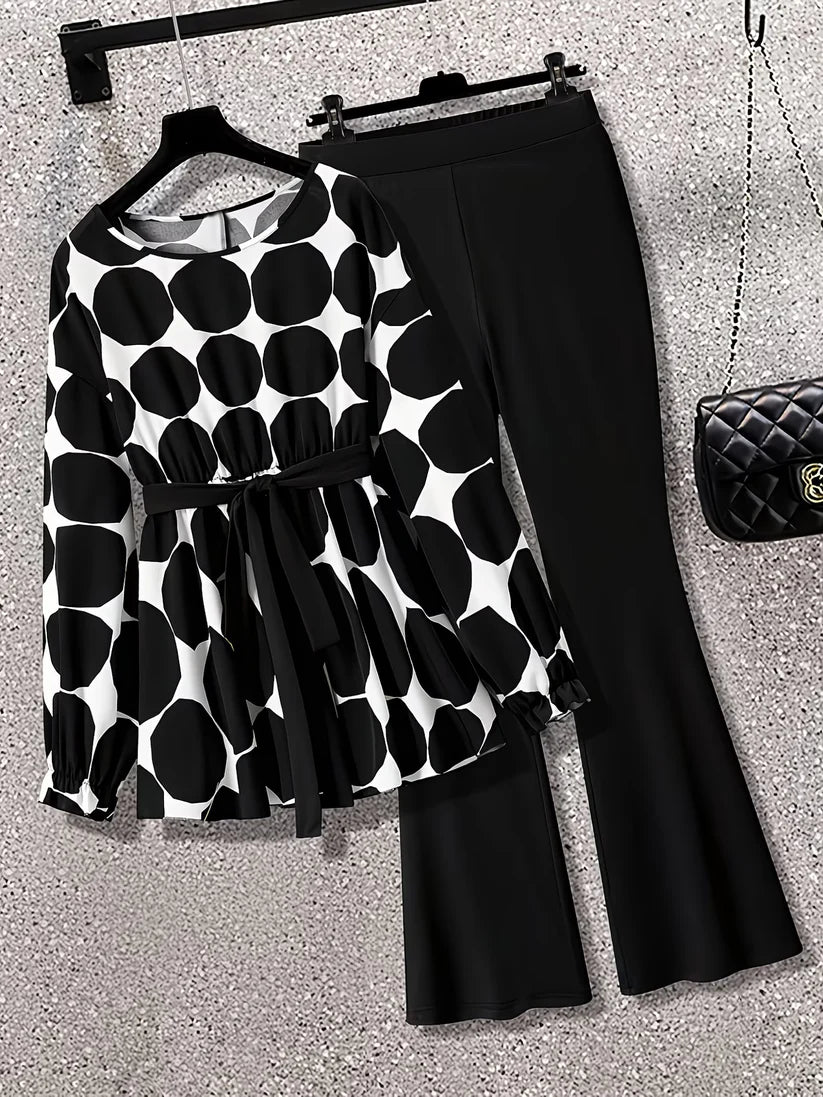 Women's Elegant Waist-Tied Top & Flared Pants Two-Piece Set