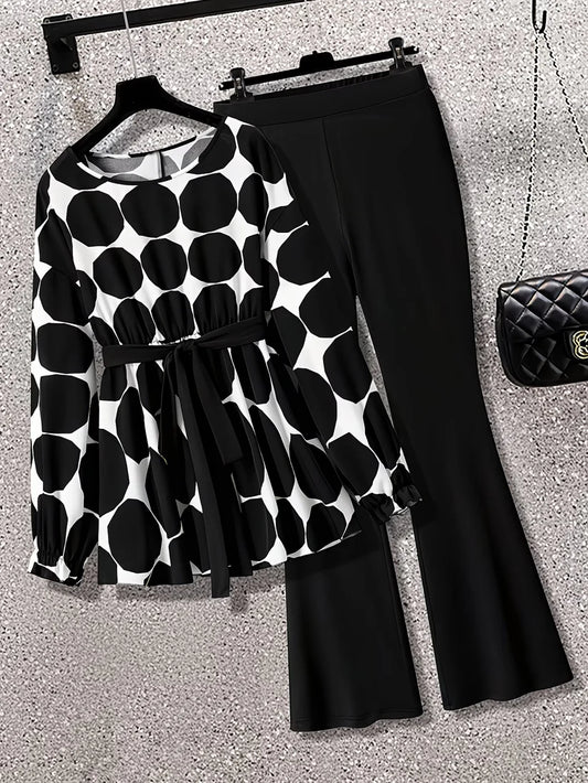 Women's Elegant Waist-Tied Top & Flared Pants Two-Piece Set