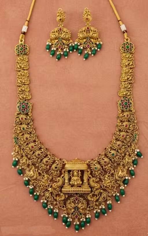 Antique Gold Lakshmi Temple Long and Short Necklace with Earings and Pearl drops Traditional Bridal Choker for Women South Indian Jewellery