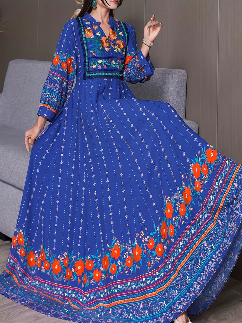 Women's Bohemian Ethnic Print Maxi Dress with Flowing Hem