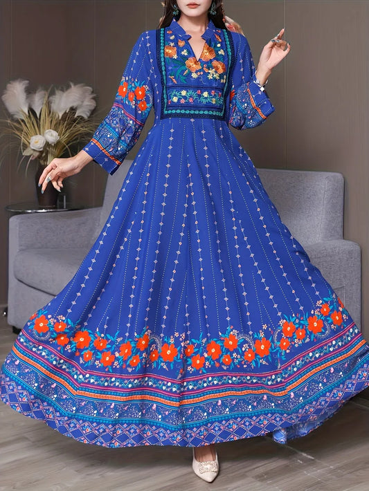 Women's Bohemian Ethnic Print Maxi Dress with Flowing Hem