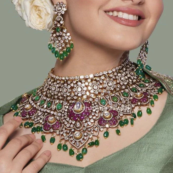 Bridal Choker Necklace Set with Ruby and Emerald
