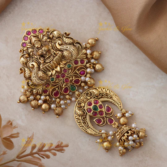 Exquisite Peacock Lakshmi Jada Billa with Pearl & Gold Bead Earchain Bridal Set