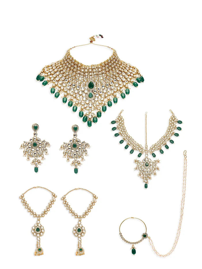 Gold-Plated Stone-Studded & Beaded Bridal Wedding Jewellery Set