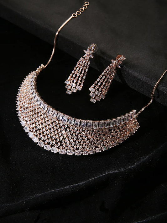 Rose Gold-Plated American Diamond-Studded Jewellery Set