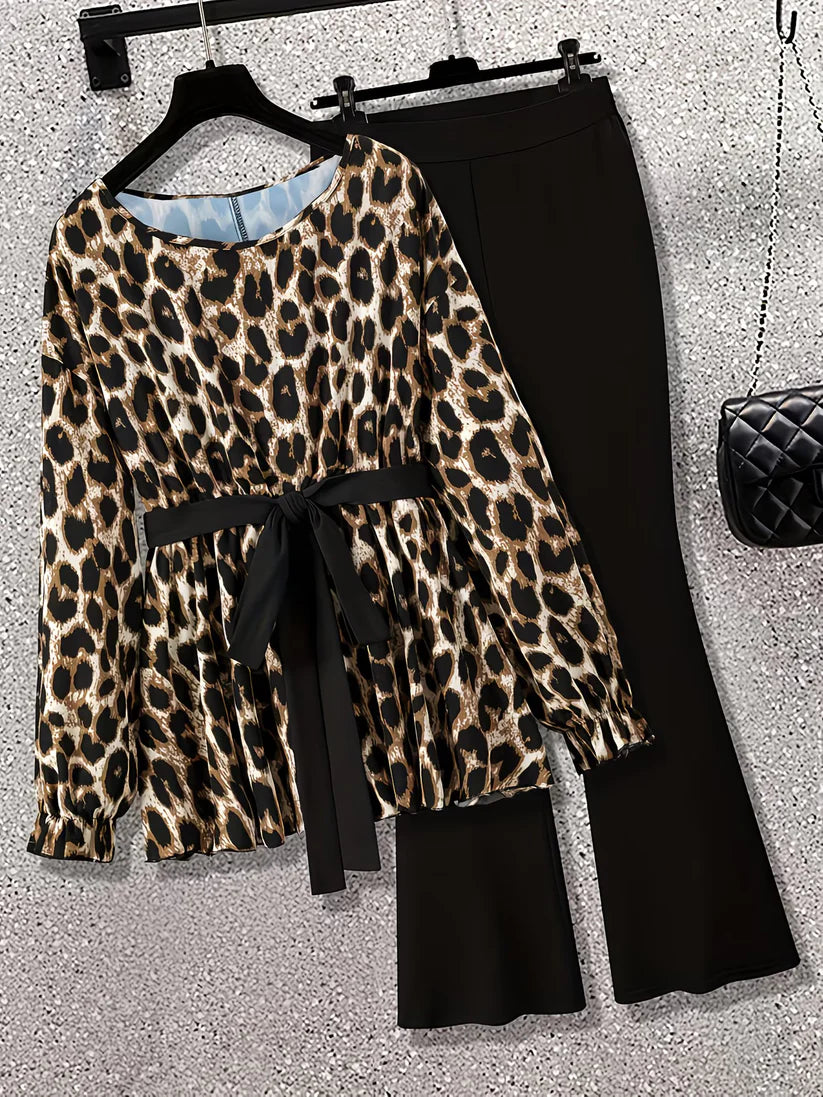 Women's Elegant Waist-Tied Top & Flared Pants Two-Piece Set