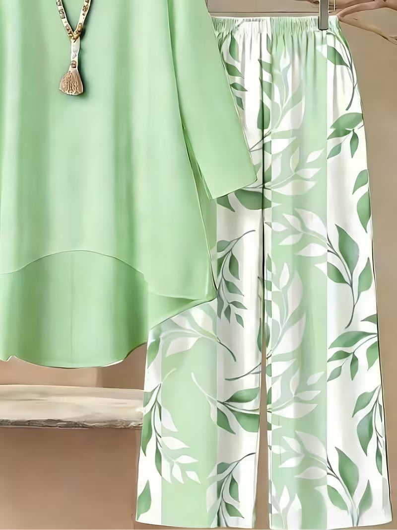 Elegant Leaf Print High-Low Co-Ord Set
