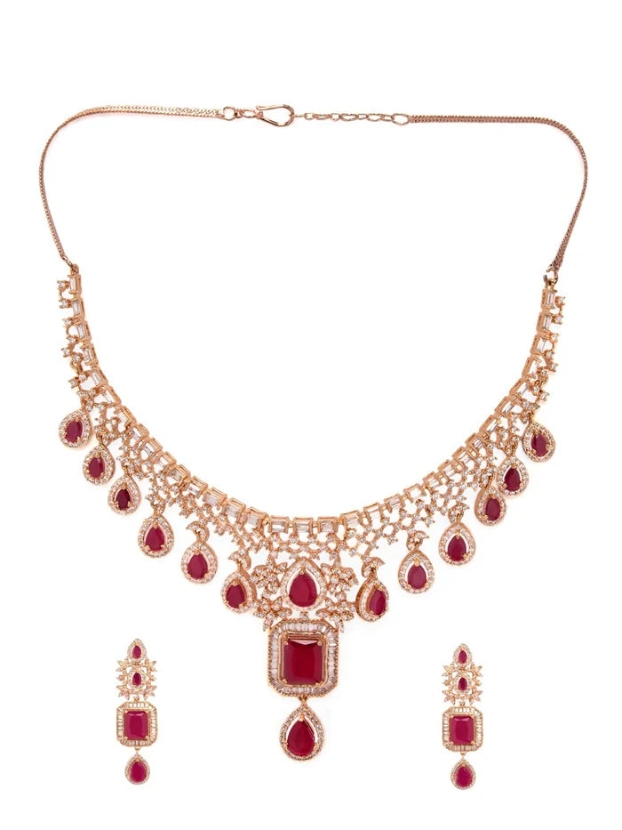 24K Rose Gold Plated Pink Sapphire & CZ Studded Handcrafted Premium Jewellery Set