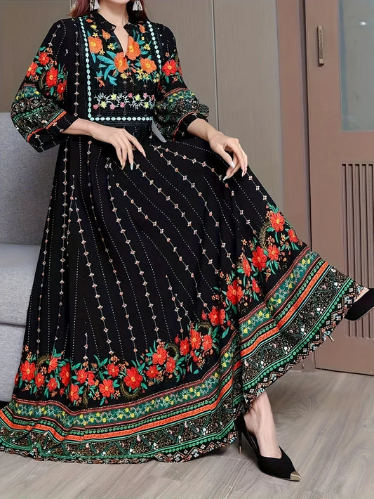 Women's Bohemian Ethnic Print Maxi Dress with Flowing Hem
