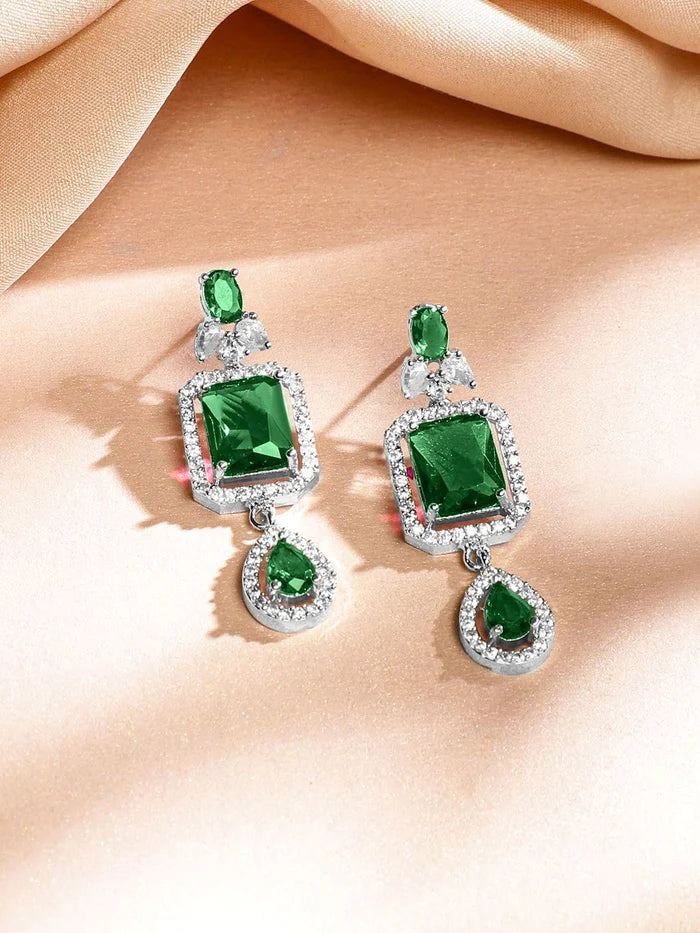 Rhodium-Plated Emerald Green & AAA Cubic Zirconia Jewellery Set in Silver Tone