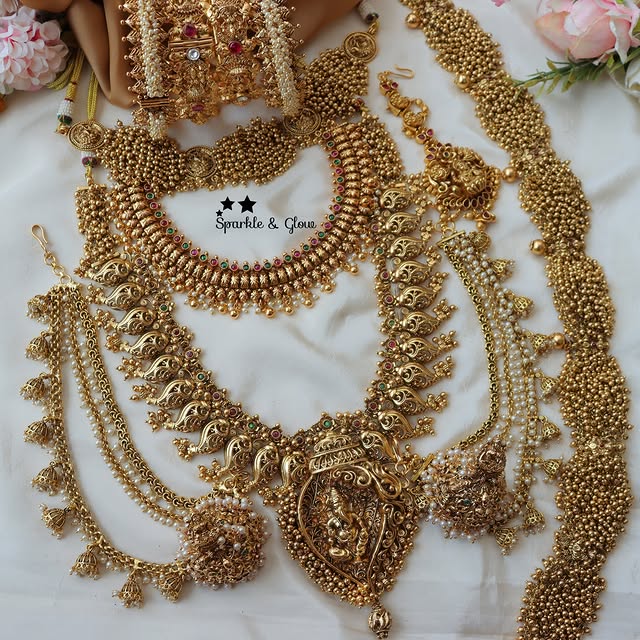 Idol lakshmi dancing Peacock carved cz stone bridal set