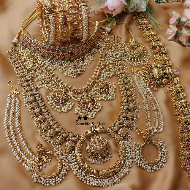 Grand Pearl cluster pancha lakshmi carved bridal set