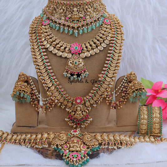 Exquisite Full Combo Jadau Kundan Lakshmi Pendant Necklace Set