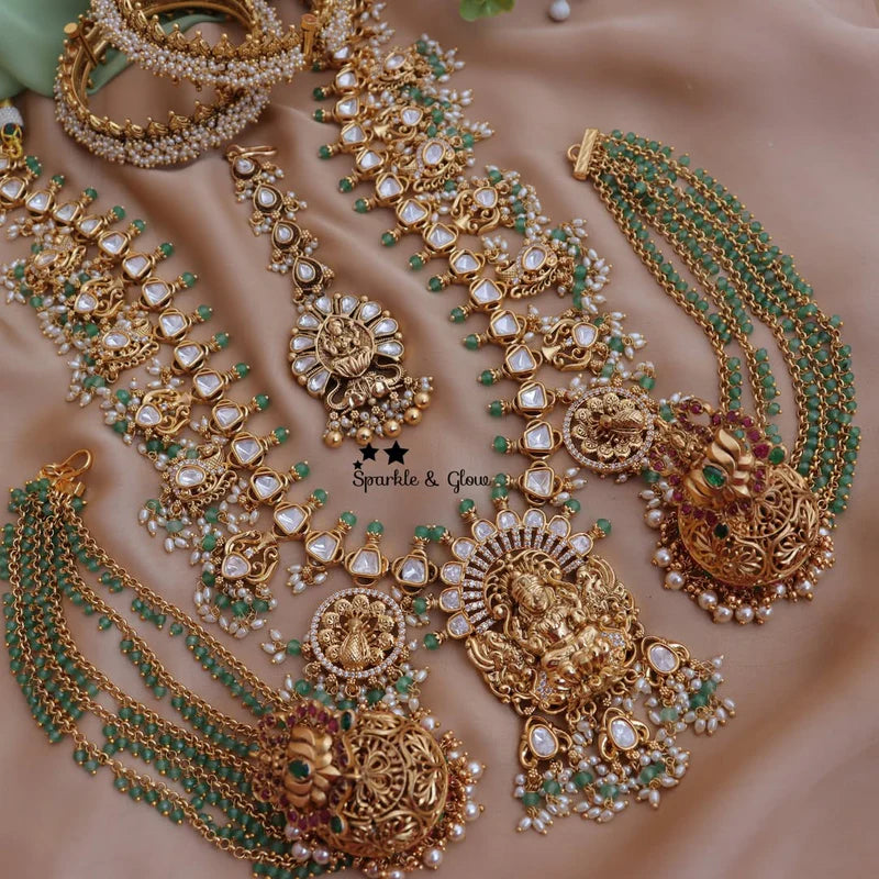 Bridal Temple Necklace - Green Stones & Kundan