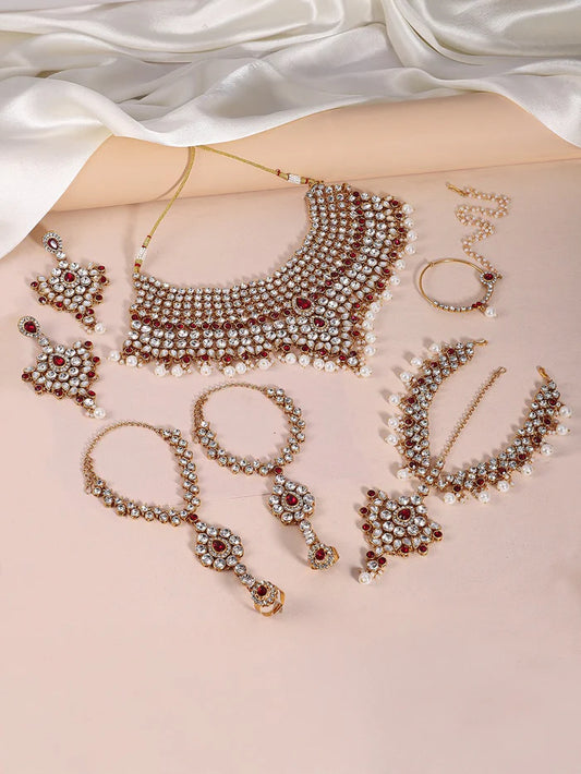 18K Gold Plated & Maroon Cubic Zirconia Studded Traditional Jewellery Set