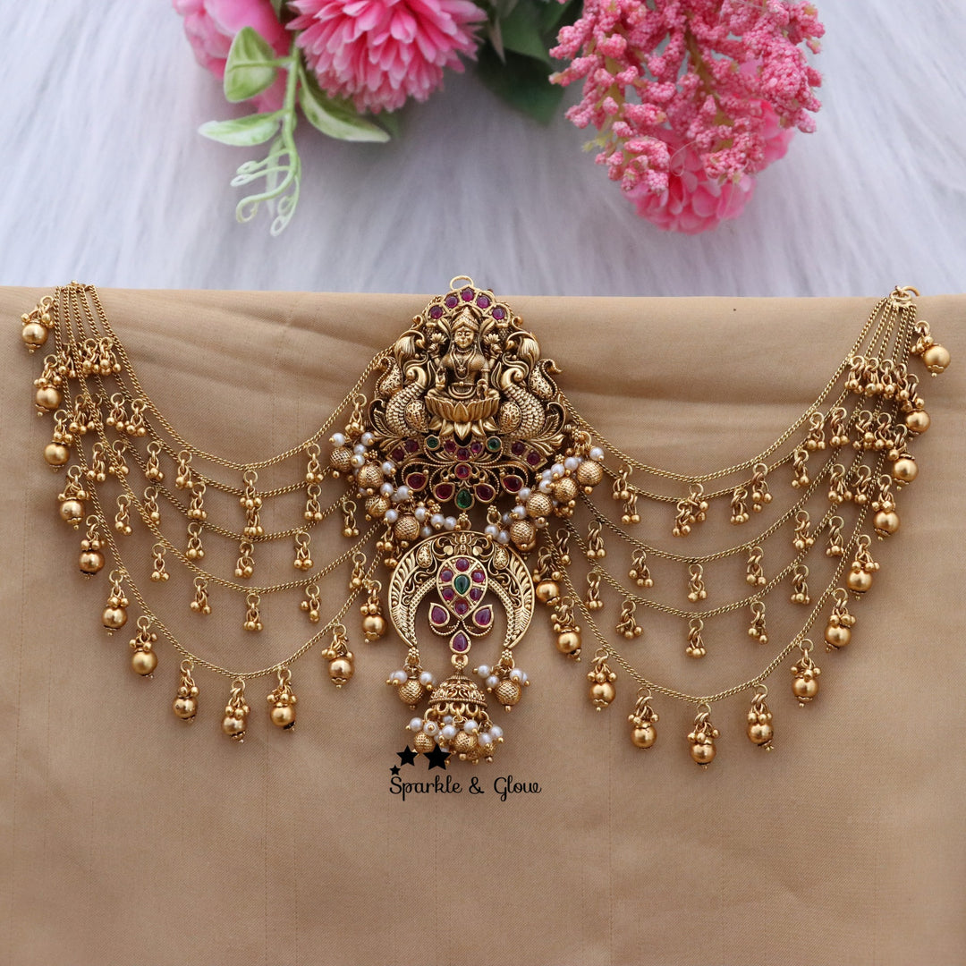 Exquisite Peacock Lakshmi Jada Billa with Pearl & Gold Bead Earchain Bridal Set
