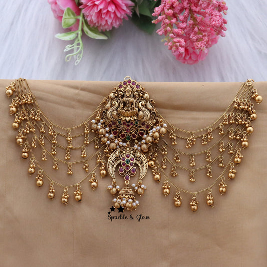 Exquisite Peacock Lakshmi Jada Billa with Pearl & Gold Bead Earchain Bridal Set