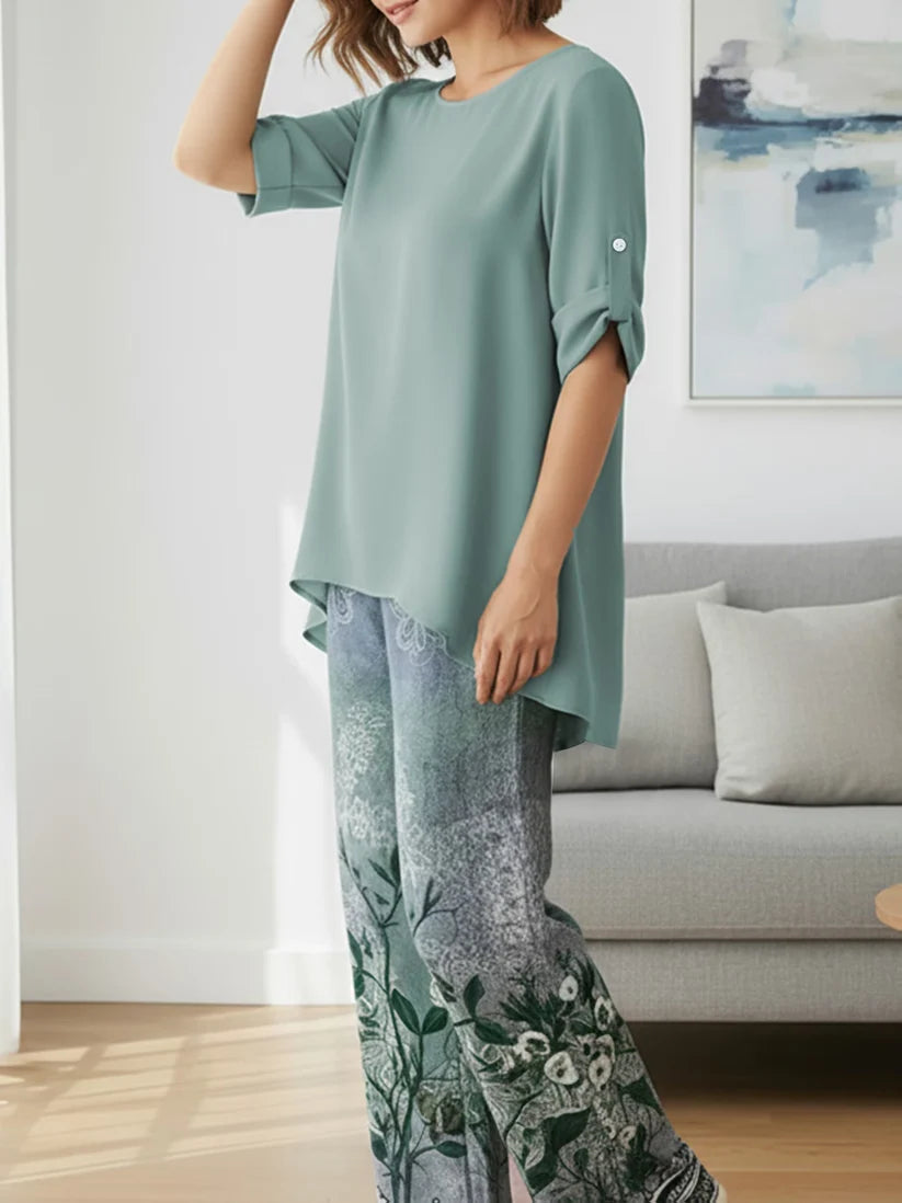 Elegant Leaf Print High-Low Co-Ord Set
