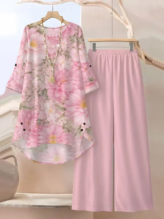 Three-Quarter Sleeve Top & High-Waisted Wide-Leg Pants | Casual Chic Outfit