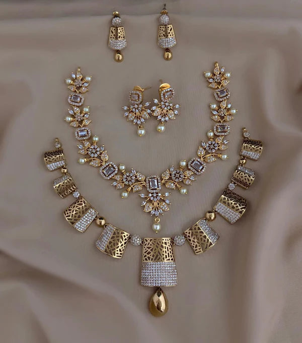 2 Lyer Micro Gold Plated Long Necklace With Earrings