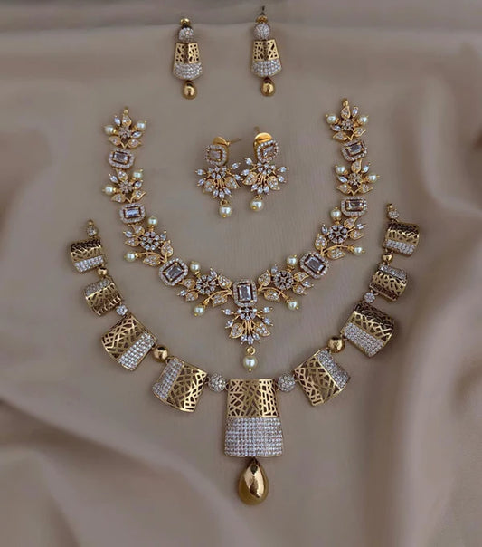 2 Lyer Micro Gold Plated Long Necklace With Earrings