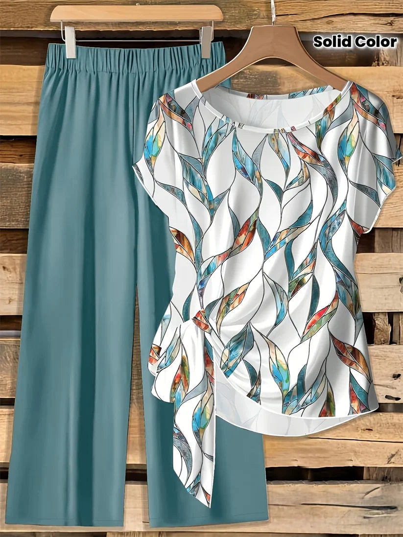 Women's Floral Print Tie-Front Shirt & Wide-Leg Pants Two-Piece Set