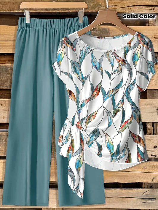 Women's Floral Print Tie-Front Shirt & Wide-Leg Pants Two-Piece Set