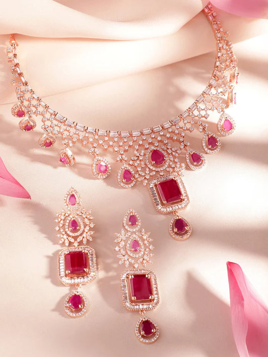 24K Rose Gold Plated Pink Sapphire & CZ Studded Handcrafted Premium Jewellery Set