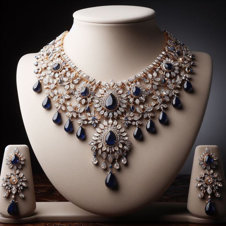 Exquisite American Diamond & Oval Stone Navvy Blue