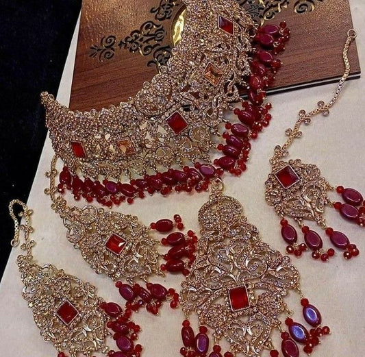 New Zircon Bridal Stylish Jewellery Necklace Earring Tikka Jhumer Set.