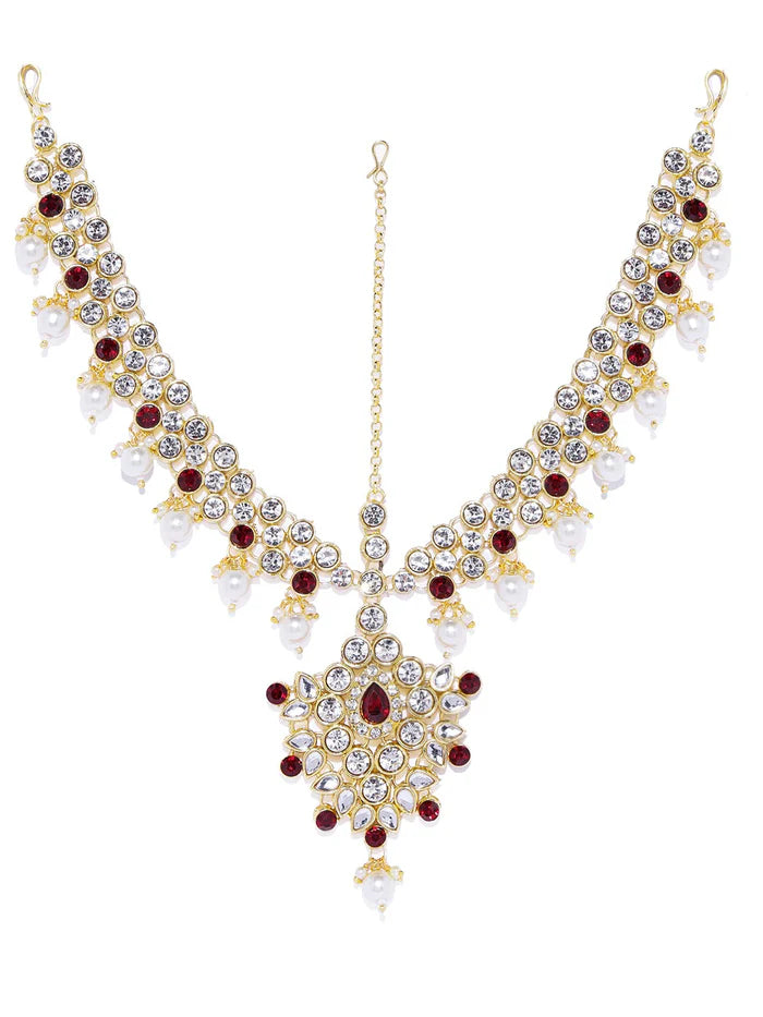 18K Gold Plated & Maroon Cubic Zirconia Studded Traditional Jewellery Set