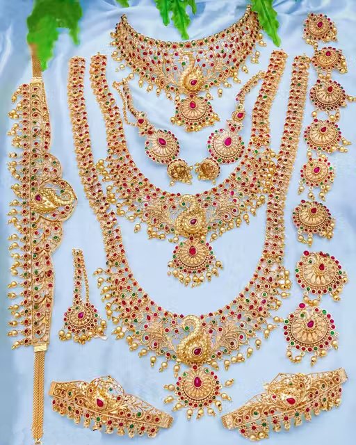 South Indian Bridal Double Necklace With Earring And Maangtikka And Kamarpattu And Jadai Billai Jewellery Set For Indian Bride | Women's South Indian Whole Jewellery Set For South Bride