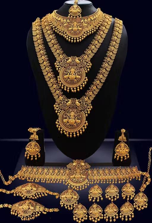 South Indian Bridal Double Necklace With Earring And Maangtikka And Kamarpattu And Jadai Billai And Baju Band Jewellery Set For Indian Bride | Women's South Indian Whole Jewellery Set For South Bride