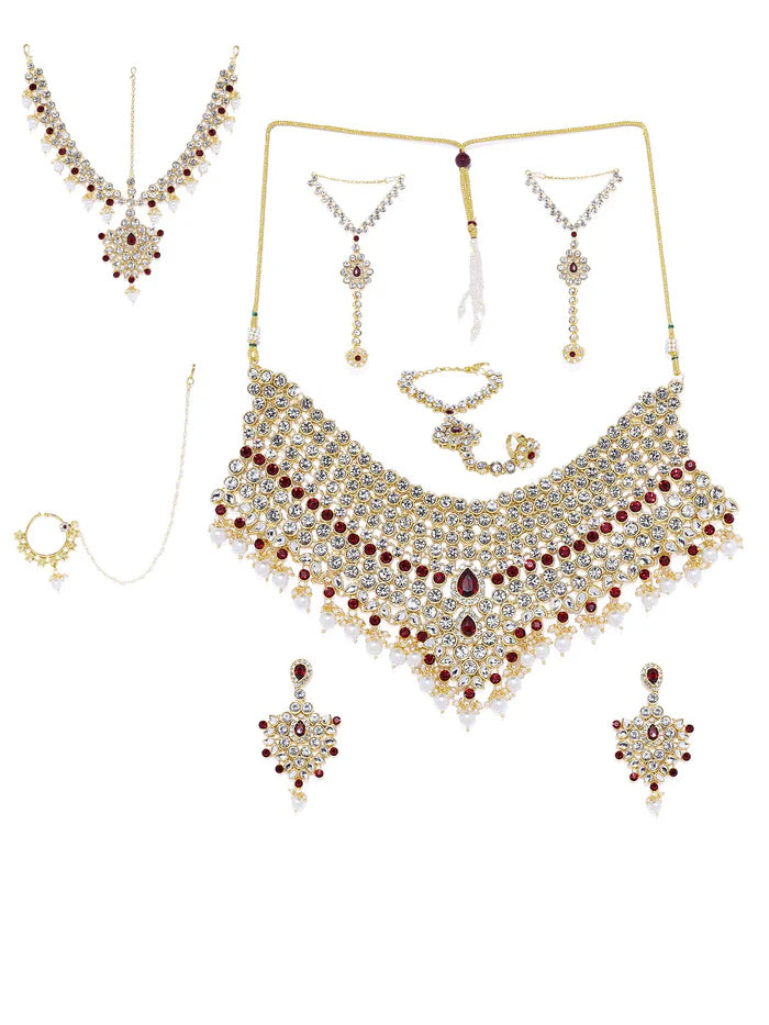 18K Gold Plated & Maroon Cubic Zirconia Studded Traditional Jewellery Set