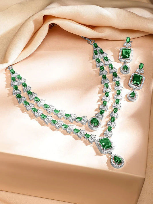 Rhodium-Plated Emerald Green & White Cubic Zirconia Studded Luxe Layer Necklace Set