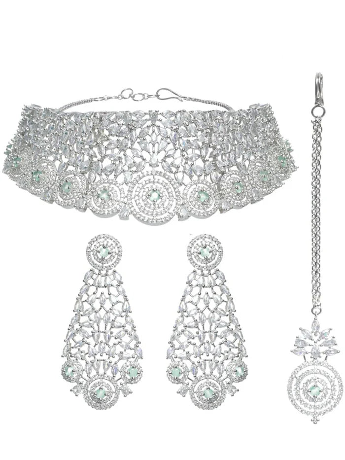 Rhodium-Plated American Diamond-Studded Jewellery Set
