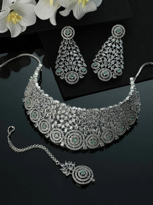 Rhodium-Plated American Diamond-Studded Jewellery Set