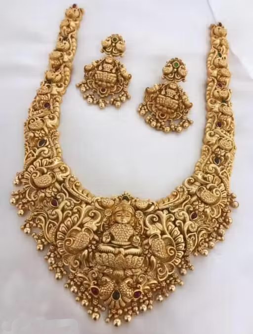 Temple Laxmi Design Long Necklace Jewellery Set With Golden Pearls For Women And Girls.