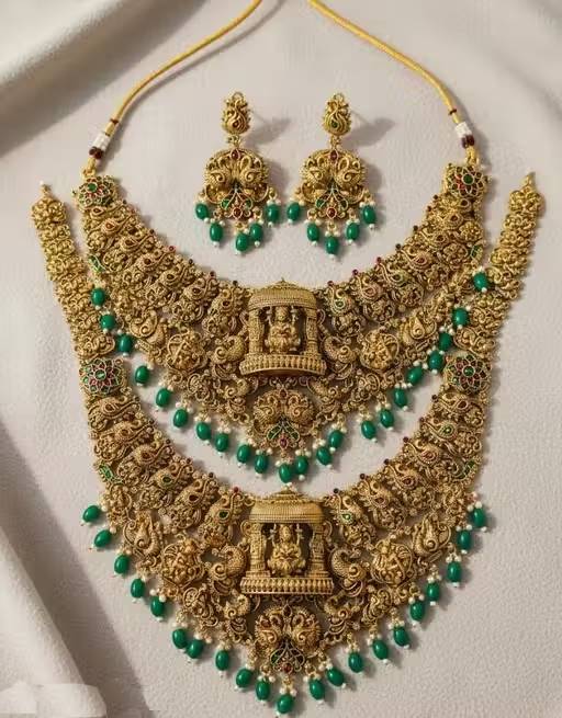 Antique Gold Lakshmi Temple Long and Short Necklace with Earings and Pearl drops Traditional Bridal Choker for Women South Indian Jewellery