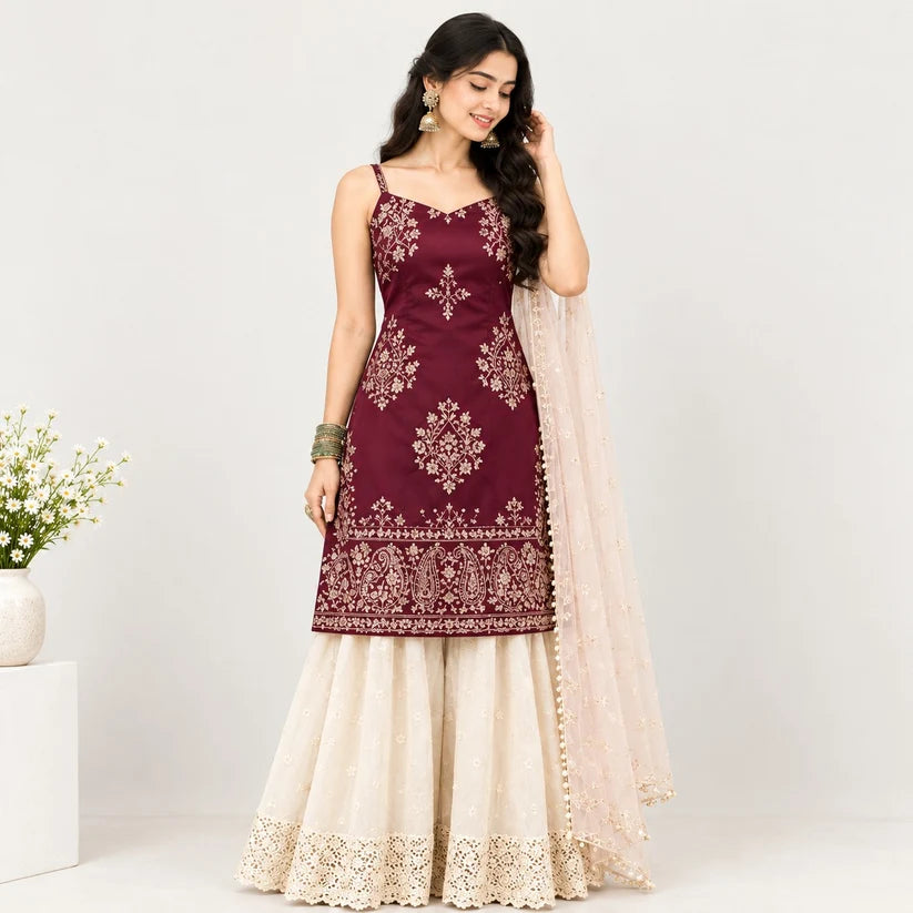 Women’s Embroidered Kurta & Sharara Set